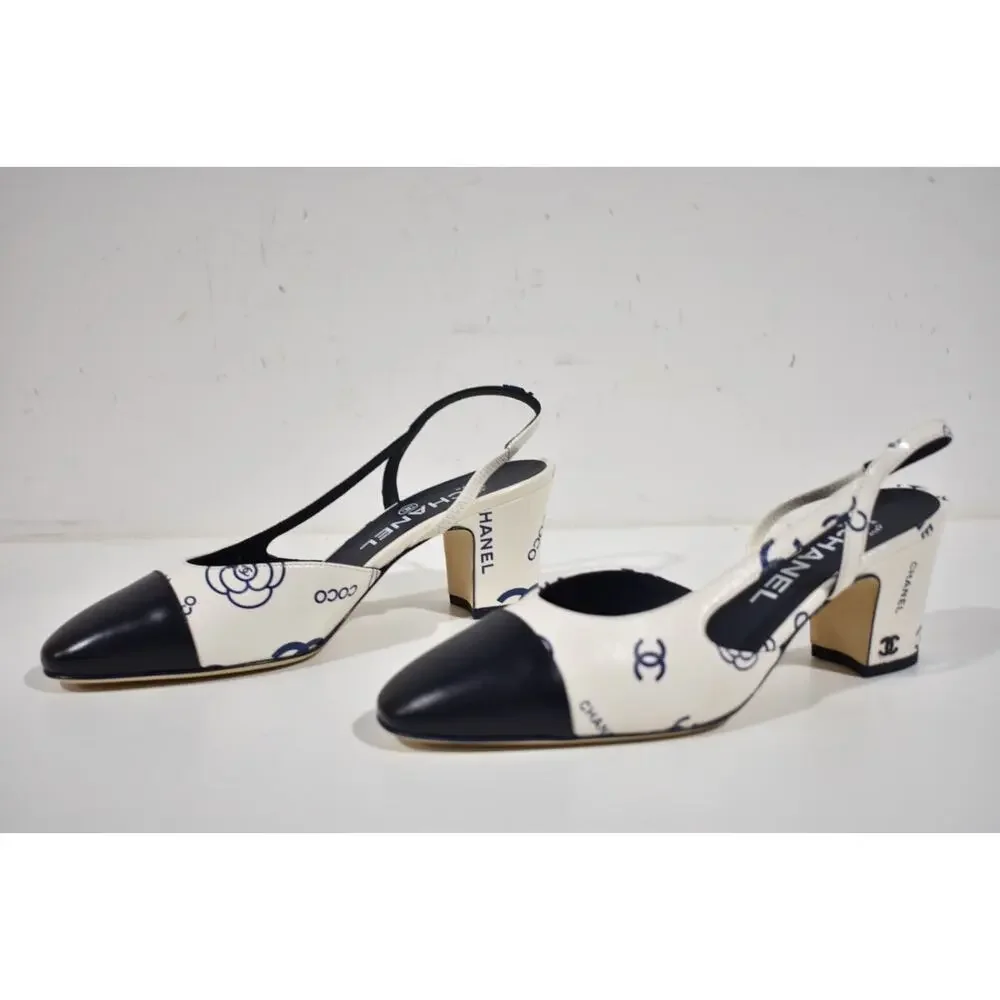 Chanel 23P Mademoiselle Coco Sling White Blue CC Logo Slingback Sandal Heel 40 - Picture 8 of 10